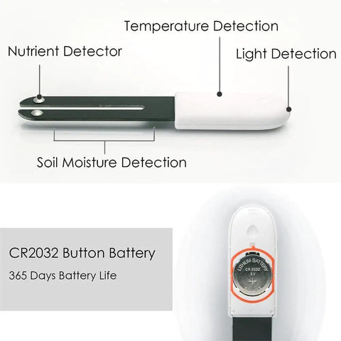 4 In 1 Soil Moisture Meter Plant Water Monitor With Bluetooth For Indoor Plants, Tracks Moisture Temperature Light And Fertility, Syncs With Flower Care And Mi Home Apps, Easy Hygrometer Sensor For Home Garden. CR2032 battery, top view