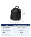 Softside Underseat Carry On Bag With Wheels Lightweight 15-Inch Luggage For Travel Compact Upright Two-Wheel Roll On 26 L Capacity Durable Eco Friendly Black dimensions chart