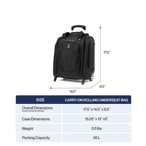 Softside Underseat Carry On Bag With Wheels Lightweight 15-Inch Luggage For Travel Compact Upright Two-Wheel Roll On 26 L Capacity Durable Eco Friendly Black dimensions chart