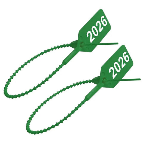 Bulletproof 2026 Year Dated Fire Extinguisher Tamper Seals Green Pull Tight Security Wire Ties in a close-up view.