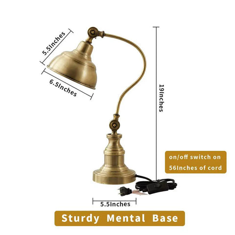 Brass Adjustable Desk Lamp With Rotary Shade Vintage Task Light showcasing dimensions and switch cord length.
