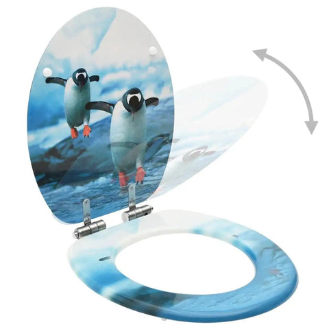 Top Tier Mdf Toilet Seat With Smooth Soft Close Lid, Clean Penguin Print Cover, heavy duty zinc hinges, open view from above.