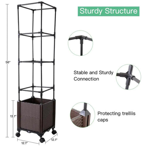 56 Inch Raised Garden Bed With Tomato Cage And Trellis, Self Watering Planter Box For Vegetables And Flowers, Lockable Wheels