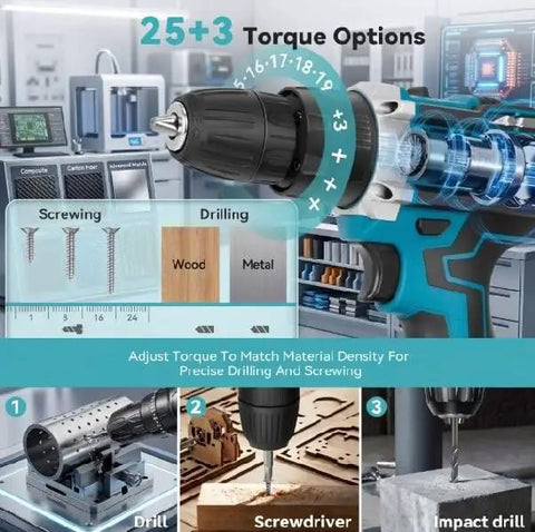 21V Cordless Drill Set Featuring A 3/8 Inch Keyless Chuck For Hassle Free Bit Swaps And Consistent Power tailored for handy home upgrades showing 25+3 torque options.