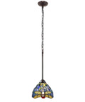 Sunniva Dragonfly Tiffany-Style 1 Light Mini Pendant, 8 Inch Wide, E26 Bulb Capable, Hardwired With Wall Switch, colorful glass shade.