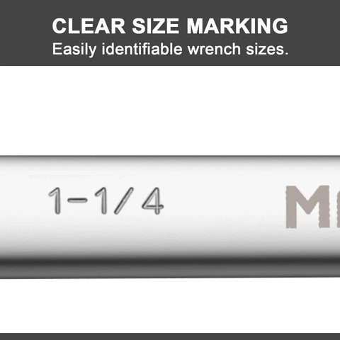 Close-up of One And A Quarter Inch Combination Wrench With 12 Point Box End, size marking 1-1/4, chrome vanadium steel.