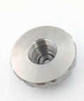 Waterjet cutting head mixing chamber nut, stainless steel, threaded bore, knurled outer edge (front view)