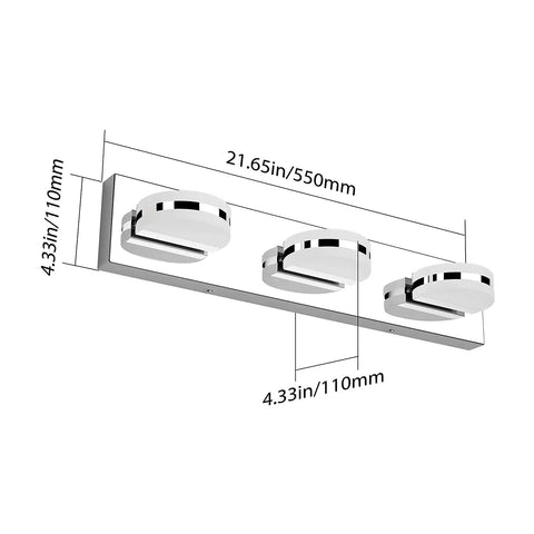 Three Light Dimmable Modern LED Vanity Light For Bathroom With Frosted White Acrylic Chrome Finish dimensions