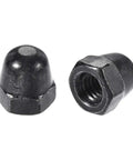 Top Shelf 50 Pack M4 Acorn Hex Cap Dome Nuts Slick Black Galvanized Steel Threaded Fasteners close-up view of two black nuts