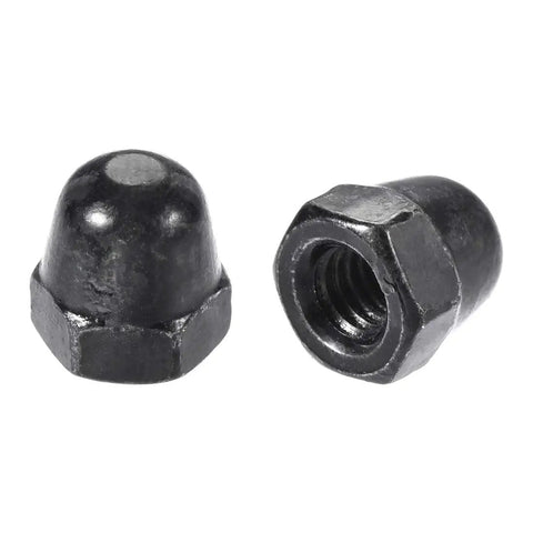 Top Shelf 50 Pack M4 Acorn Hex Cap Dome Nuts Slick Black Galvanized Steel Threaded Fasteners close-up view of two black nuts