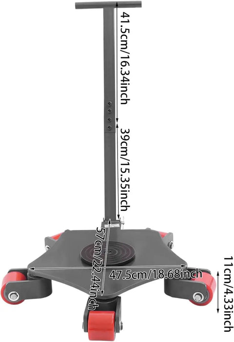 Rock Solid Heavy Duty Machinery Skates Built Like A Tank with dimensions for moving equipment smoothly on polyurethane casters.