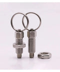 Heavy Duty Stainless Steel Spring Plunger Index Lock Pin Set Two Piece M16 Threaded Pull Ring with nut for clamping use.