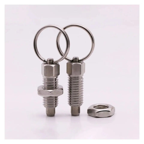 Heavy Duty Stainless Steel Spring Plunger Index Lock Pin Set Two Piece M16 Threaded Pull Ring with nut for clamping use.