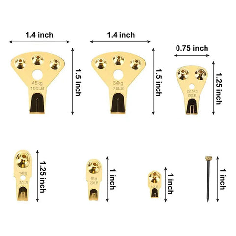 Heavy Duty 125 Piece Picture Hanging Kit With Tough Nails And Wall Anchors For Drywall And Wood Surfaces showing various gold brackets with load ratings.