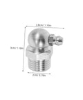 Close-up of 90 Degree Stainless Steel Grease Nozzle Kit with Angled Fittings and dimensions in centimeters and inches.