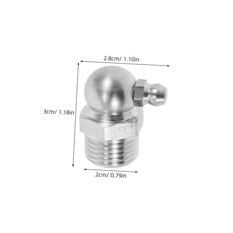 Close-up of 90 Degree Stainless Steel Grease Nozzle Kit with Angled Fittings and dimensions in centimeters and inches.