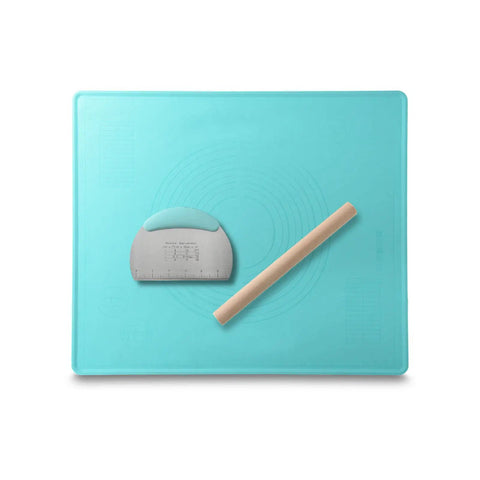 Turquoise silicone baking mat with stainless dough cutter and wooden rolling pin on a white background.