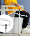 24 Inch Toilet Safety Rail Wall Mount Foldable Grab Bar Non Slip Stainless Steel With Fluorescent Grip Flip Up Design Space Saving High Capacity 450lbs For Seniors Disabled Pregnant Elderly Bathroom Safety installed next to toilet.