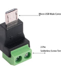 Micro USB Male To 2 Pin Screw Terminal Adapter Solderless Connector, green PVC wiring, close-up view