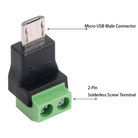 Micro USB Male To 2 Pin Screw Terminal Adapter Solderless Connector, green PVC wiring, close-up view