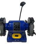 Tough As Nails Six Inch Bench Grinder With One Half Horsepower Motor And Dual Fine Coarse Grinding Wheels Paired With Led Light To Knock Out Rust, blue design with LED, 6-inch size.