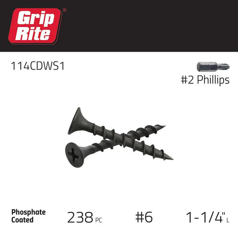 Handyman Ready Number 6 By 1 Inch 4 Phillips Bugle Head Drywall Screws With Matte Black Phosphate Coating For Pinning Wallboard To Wood Studs Rock Solid Fastener Pack One Pound with #2 Phillips head.