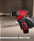 3 8 Inch M12 12v Cordless Brushless Drill And Driver Bare Tool With All Metal Keyless Chuck Variable Speed Trigger And Lightweight Compact Frame in use drilling into wood
