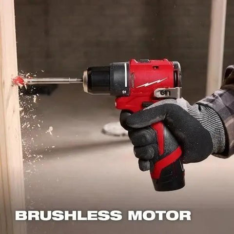 3 8 Inch M12 12v Cordless Brushless Drill And Driver Bare Tool With All Metal Keyless Chuck Variable Speed Trigger And Lightweight Compact Frame in use drilling into wood