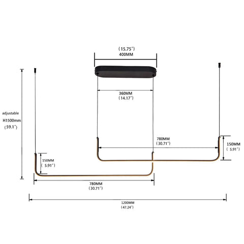 Diagram of Modern Linear Dimmable LED Pendant Light, Two-Light Fixture For Kitchen Island Dining Room Bar, Black Finish dimensions