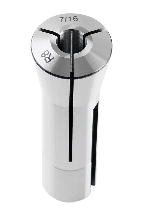 Close-up of a 7/16 inch collet from a 13 Piece R8 Collets Set, Precision Ground And Hardened, 1/8 To 7/8 Inch In 16ths, Fits Standard R8 Spindle.