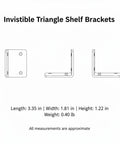 Diagram showing dimensions of Hidden Triangle Shelf Brackets 2-Pack for floating shelves, minimalist metal wall mounts.