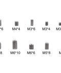 Metric Set Screws Kit With Hex Socket Head Cup Point for Precision Locking, 10 screw sizes labeled from M3 to M8.