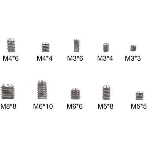 Selection of set screws from Six Hundred Piece Metric Set Screws Kit With Hex Socket Head Cup Point In Handy Storage Box.