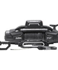 Heavy Duty 12000 Lbs Off Road Winch With Synthetic Rope Gen3 7HP Motor IP68 Waterproof Remote Control 12 Foot Lead Built To Handle Trail Recovery And Tough Terrain. Front view with remote and hook