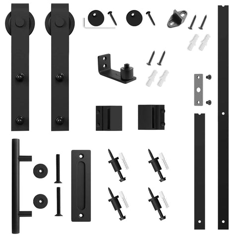 Heavy Duty 5ft Sliding Barn Door Hardware Kit With Track Kit, Pull Handle Set, And Floor Guide, visible components on white background
