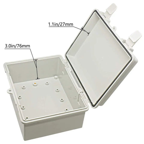 Outdoor IP65 Waterproof Heavy Duty Junction Box ABS Plastic Built Tough With Hinged Lid Dustproof Weatherproof Electrical Enclosure Universal Project Box 8.7 by 6.7 by 4.3 Inches Gray open lid view