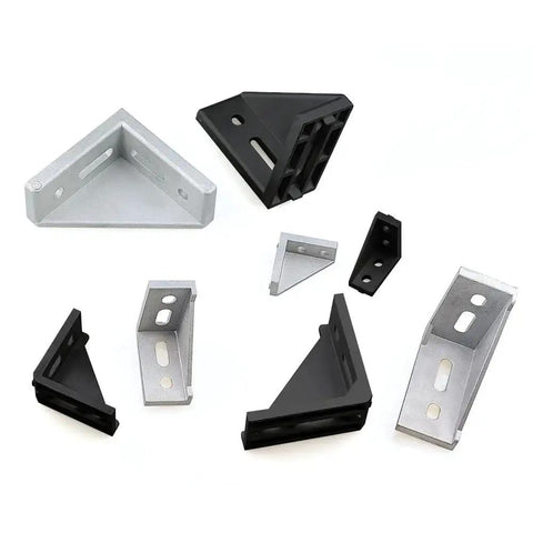Sturdy Black Corner Bracket for 2040 3060 4080 Aluminum Extrusion Profiles showing various angles and sizes of brackets.