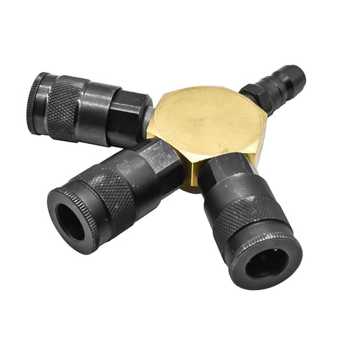 Flat Round Pneumatic Manifold Kit With Three 3/8 Inch Steel Automotive Couplers And One 3/8 Inch Steel Plug Preassembled