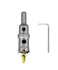 Front view of a 22mm TCT hole saw with tungsten carbide tip and titanium-plated pilot drill, plus an L-shaped hex key