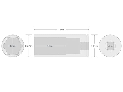 Diagram of One Quarter Inch Drive Deep Eight Millimeter Six Point Socket with Large Readout Markings, showing dimensions and interior view.