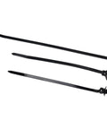 Three black nylon zip ties and mounting clips from the 45 Piece Zip Tie And Wire Harness Clip Kit tames tangled wiring.