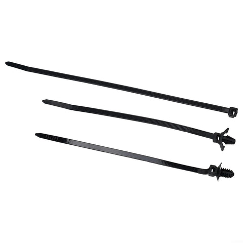 Three black nylon zip ties and mounting clips from the 45 Piece Zip Tie And Wire Harness Clip Kit tames tangled wiring.