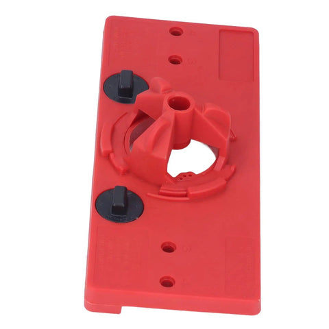 Top Grade 35mm Hinge Hole Saw Jig Kit For Woodworking Pros With Locator Bit And Precise Boring Tool Set showing the red drill tool base.