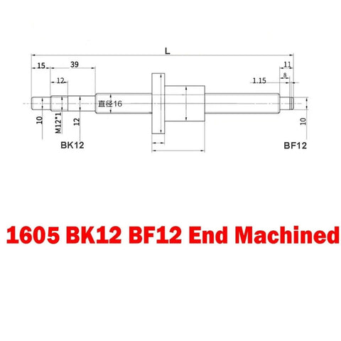 Technical drawing of Left Hand Thread Ball Screw With Nut, 16mm Diameter, 5mm Lead, End Machined for Robotic Arms, 500mm Long
