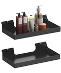 Heavy Duty Slatwall Shelves 16x8 Inches Set of 2 Black Metal Slat Wall Shelves with bottles for storage.