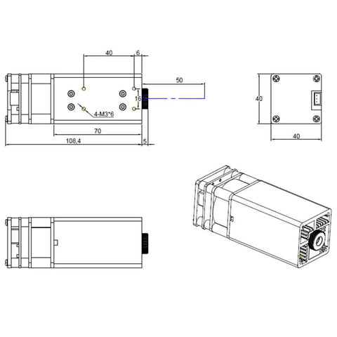 Detailed diagram of Badass Eighty Watt Blue Laser Engraver For Metal And Wood Cutting 450Nm CNC Router Laser Module dimensions.