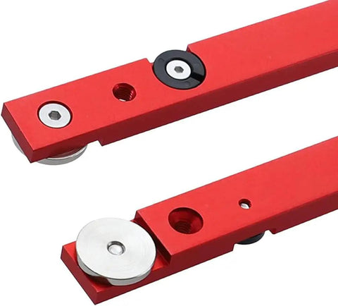 Heavy Duty Anodized Aluminum Miter Bar And T Slot Track Rail Featuring Rock Solid Build And Ultra Smooth Glide Designed For Beefy Woodshop Jigs Sleds Router Tables 300mm Red close up of red miter bar with wheels