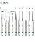 12 Piece Punch And Chisel Set With Carrying Case For Metalworking Including Flat Chisels Center Punches Pin Punches And Conical Punch Ideal For DIYers Hobbyists And Pro Shops In The Garage Or Home in steel with green accents.