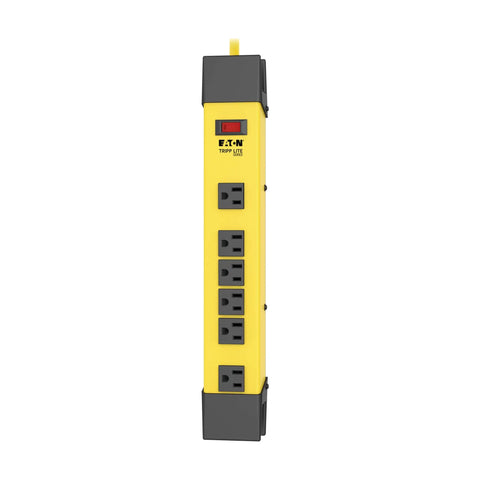 Heavy Duty Power Strip With GFCI Plug, 6 Outlets, 9 Foot Cord, Yellow Metal Housing, Industrial Garage Workshop Bench Mounting