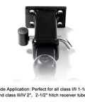 Right Angle Hitch Receiver Pin Lock With Dual One Half Inch And Five Eighths Inch Pins For Class I II III IV One Quarter Inch, Two Inch, And Two And One Half Inch Hitches, Built To Last For Easy Hauling On Bike Racks, Trailers, Tow Ropes, Trucks, And, shown with locking mechanism and receiver tube attachment.